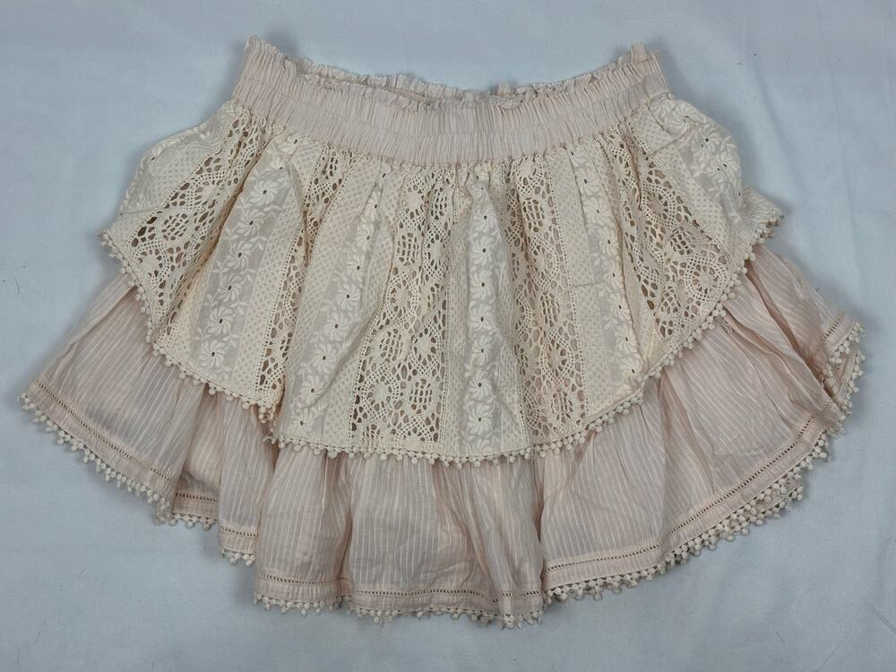LoveShackFancy Saylor Lace Ruffle Mini Skirt Blush Pink Pleated Boho Coquette S